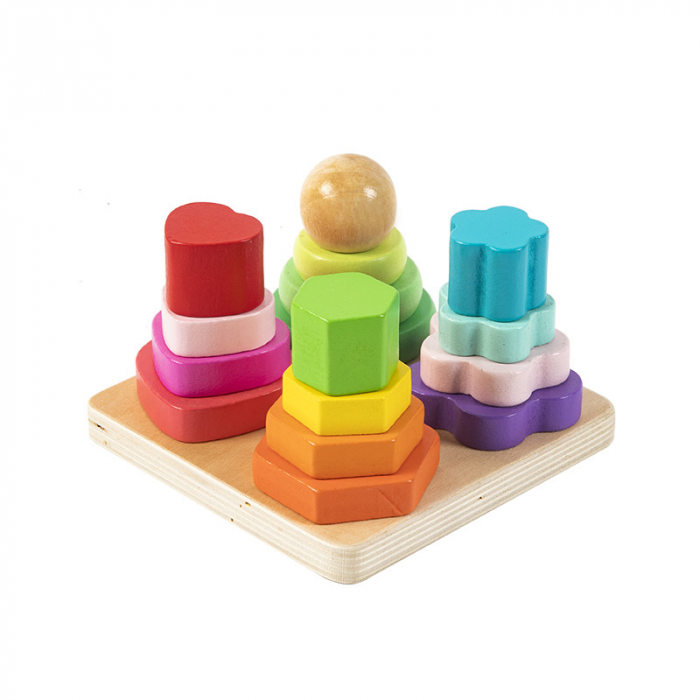 Set 4 coloane sortatoare tip turn, Montessori, lemn, 17 piese, Montessori, 3 ani+, EduJucarii [1]