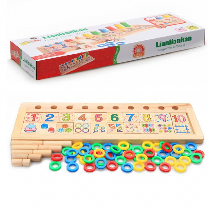 Taba multifunctionala tip Montessori din lemn, Logaritmic Board cu cercuri multicolore pt cantitate, numere si operatiuni matematice [4]