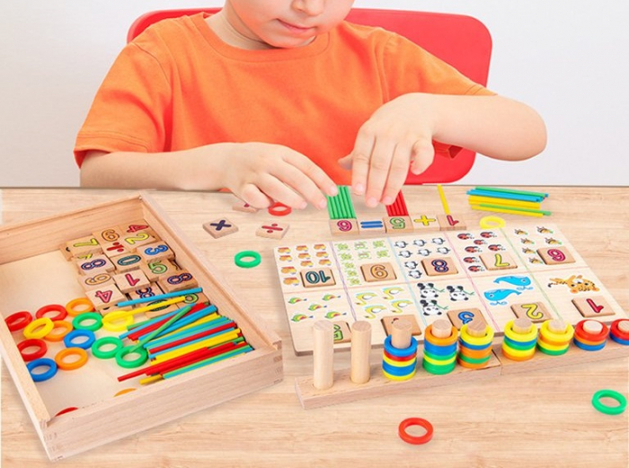 Tabla educativa cu 2 fete din lemn, Joc matematic pentru invatararea numerelor si operatiilor matematice, calculeaza, deseneaza si asociaza cercurile, 3 ani+ [8]