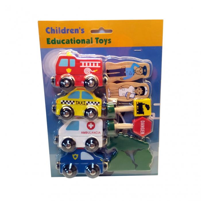 Set 4 masinute, Ambulanta, Taxi, Politie si Pompieri , 2 figurine, 2 semne de circulatie, Elemente de decor, lemn, multicolor, 3 ani+ [1]