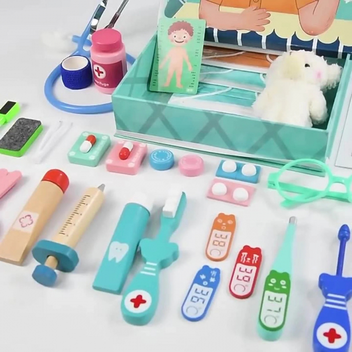 Trusa medicala de jucarie in forma de carte, set dentist din lemn, 23 accesorii, Jucarie Interactiva, kit complet, 3 ani+ [10]