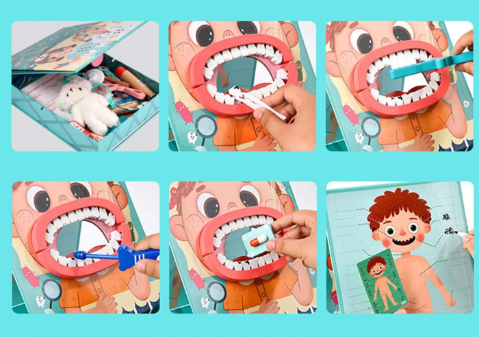 Trusa medicala de jucarie in forma de carte, set dentist din lemn, 23 accesorii, Jucarie Interactiva, kit complet, 3 ani+ [9]