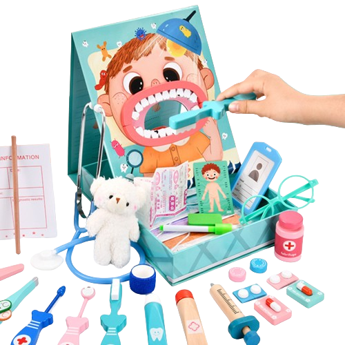 Trusa medicala de jucarie in forma de carte, set dentist din lemn, 23 accesorii, Jucarie Interactiva, kit complet, 3 ani+ [7]