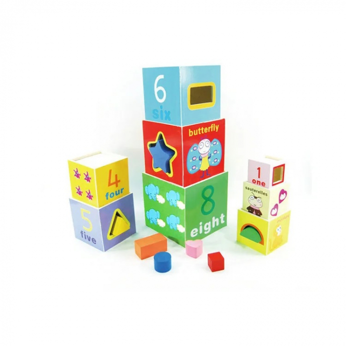 Turn Montessori din lemn cu 8 cuburi, cifre, animale, forme geometrice, EduJucarii, 3 ani+ [5]