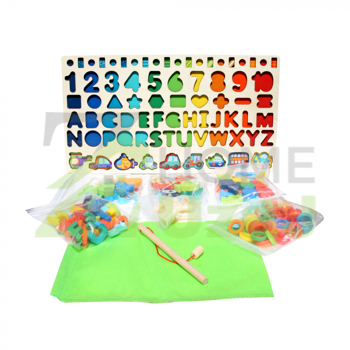 Vehicle Toys -Joc de lemn 7 in 1 Montessori logaritmic, litere, cifre, forme geometrice, vehicule, pestisori magnetici de pescuit si cerculete de sortata [1]