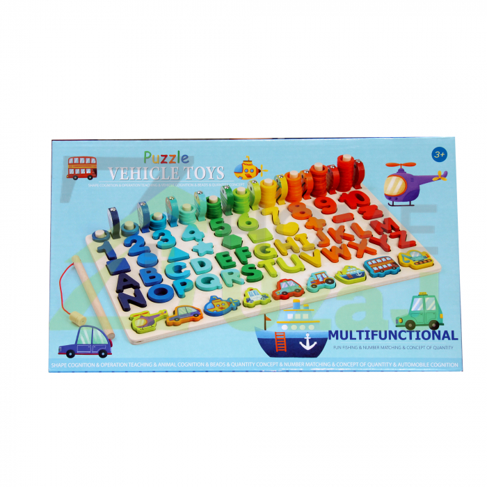 Vehicle Toys -Joc de lemn 7 in 1 Montessori logaritmic, litere, cifre, forme geometrice, vehicule, pestisori magnetici de pescuit si cerculete de sortata [2]