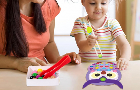 Joc educativ Montessori din lemn, Pincer Bead Game, Bufnita, pentru memorie, potrivire si sortare, 3 ani +, EduJucarii [2]