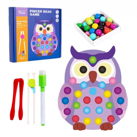 Jocuri educative - Joc educativ Montessori din lemn, Pincer Bead Game, Bufnita, pentru memorie, potrivire si sortare, 3 ani +, EduJucarii