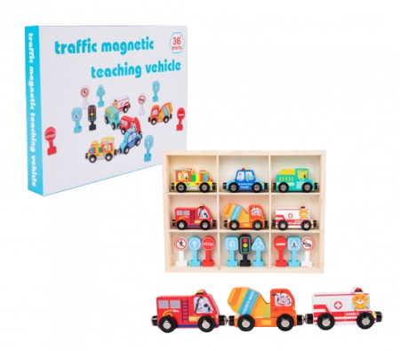 Set interactiv cu vehicule de interventie si indicatoare rutiere, trenulet magnetic si semne rutiere, Traffic Magnetic Teaching Vehicle, 15 piese, 3 ani+, EduJucarii [1]