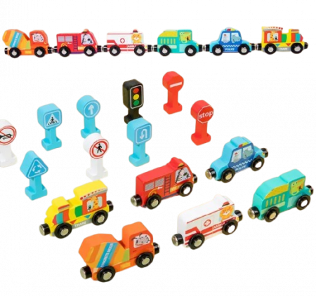 Set interactiv cu vehicule de interventie si indicatoare rutiere, trenulet magnetic si semne rutiere, Traffic Magnetic Teaching Vehicle, 15 piese, 3 ani+, EduJucarii [4]