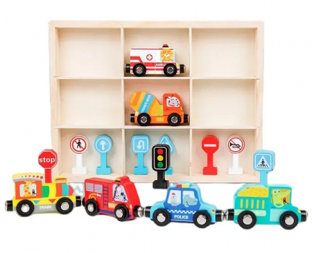 Vehicule - Set interactiv cu vehicule de interventie si indicatoare rutiere, trenulet magnetic si semne rutiere, Traffic Magnetic Teaching Vehicle, 15 piese, 3 ani+, EduJucarii