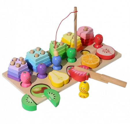Aritmetic 3 in 1, sortator cu forme geometrice, joc de pescuit, puzzle cu feliator de fructe, Lemn, Joc educativ logaritmic, Montessori, 3 ani+, Edujucarii [4]