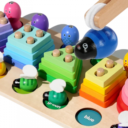 Aritmetic 3 in 1, sortator cu forme geometrice, joc de pescuit, prinde albinuta, Lemn, Joc educativ logaritmic, Montessori, 3 ani+, Edujucarii [5]