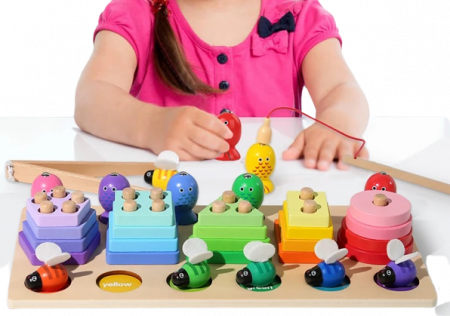Aritmetic 3 in 1, sortator cu forme geometrice, joc de pescuit, prinde albinuta, Lemn, Joc educativ logaritmic, Montessori, 3 ani+, Edujucarii [9]