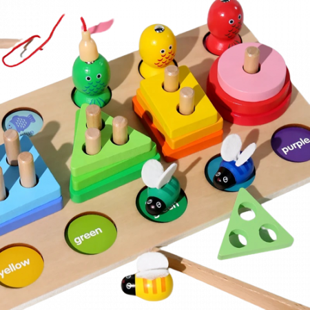 Aritmetic 3 in 1, sortator cu forme geometrice, joc de pescuit, prinde albinuta, Lemn, Joc educativ logaritmic, Montessori, 3 ani+, Edujucarii [8]