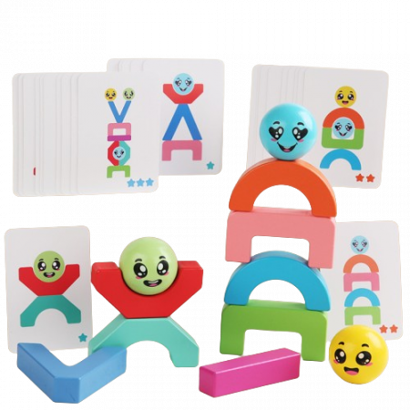Blocuri creative de constructie si echilibru din lemn, Smiley Face, 11 piese, cartonase cu modele, multicolor, 3 ani +, EduJucarii