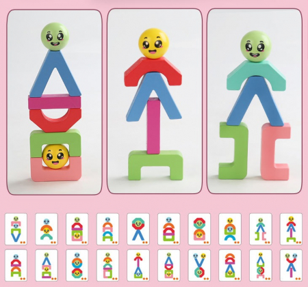Blocuri creative de constructie si echilibru din lemn, Smiley Face, 11 piese, cartonase cu modele, multicolor, 3 ani +, EduJucarii [10]