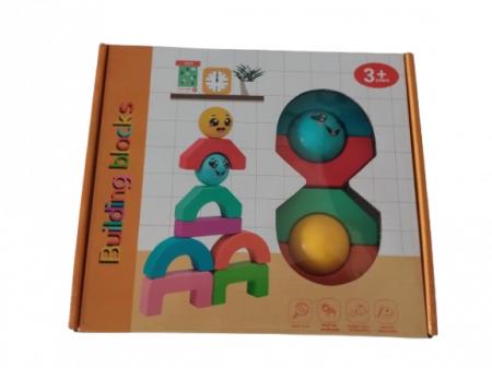 Blocuri creative de constructie si echilibru din lemn, Smiley Face, 11 piese, cartonase cu modele, multicolor, 3 ani +, EduJucarii [12]