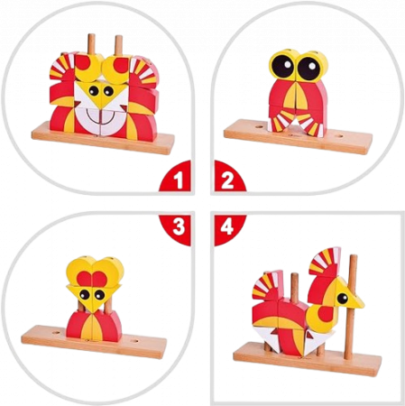 Blocuri creative de construit din lemn, Leu, 12 piese, multicolor, 18 luni+, EduJucarii [2]