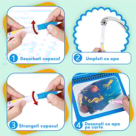 Carte de colorat cu apa, reutilizabila, 8 pagini, 4 imagini, Magic Water Book, Dino [4]