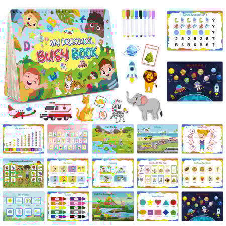Carte interactiva si educativa pentru copii, My Preschool Busy Book 1, 32 pagini activitati multiple, stickere repozitionabile, Limba Engleza, 3 ani+, EduJucarii