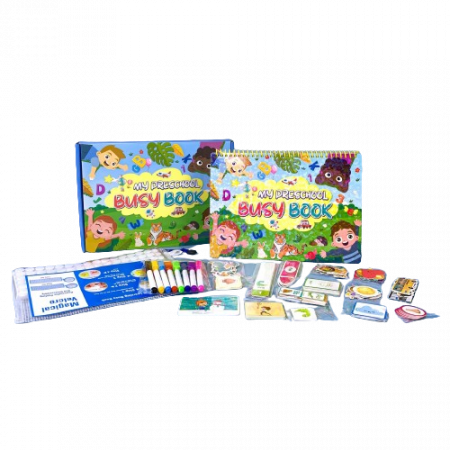 Carte interactiva si educativa pentru copii, My Preschool Busy Book 1, 32 pagini activitati multiple, stickere repozitionabile, Limba Engleza, 3 ani+, EduJucarii [3]