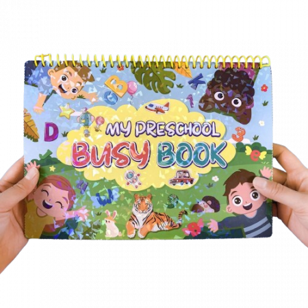 Carte interactiva si educativa pentru copii, My Preschool Busy Book 1, 32 pagini activitati multiple, stickere repozitionabile, Limba Engleza, 3 ani+, EduJucarii [12]