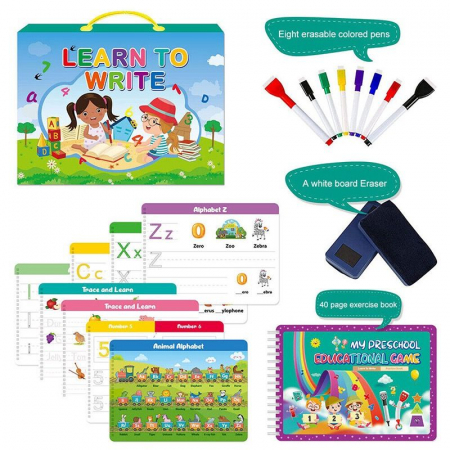 Activitati extracurriculare - Carte interactiva si educativa pentru copii, Learn to Write, 40 pagini activitati multiple, Invata literele si cifrele, Limba Engleza, 3 ani+, EduJucarii