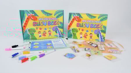 Carte interactiva si educativa pentru copii, My Preschool Busy Book 2, 32 pagini activitati multiple, stickere repozitionabile, Limba Engleza, 3 ani+, EduJucarii [7]
