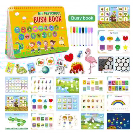 Carte interactiva si educativa pentru copii, My Preschool Busy Book 3, 31 pagini activitati multiple, stickere repozitionabile, Limba Engleza, 3 ani+, EduJucarii