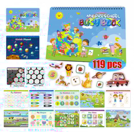 Carte interactiva si educativa pentru copii, My Preschool Busy Book 4, 23 pagini activitati multiple, stickere repozitionabile, Limba Engleza, 3 ani+, EduJucarii