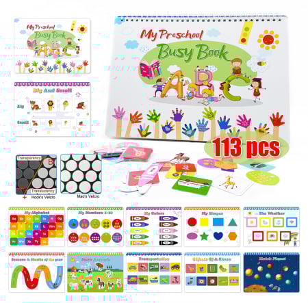 Carte interactiva si educativa pentru copii, My Preschool Busy Book 5, 11 pagini activitati multiple, stickere repozitionabile, Limba Engleza, 3 ani+, EduJucarii