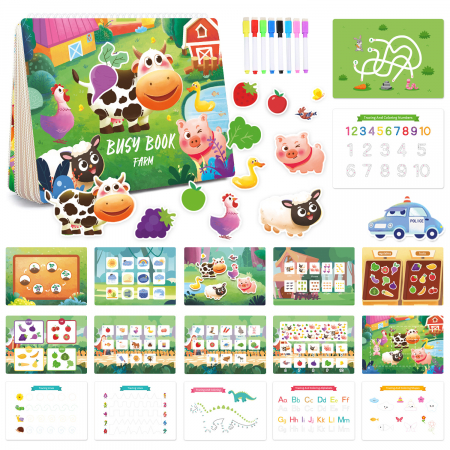 Carte interactiva si educativa pentru copii, My Preschool Busy Book 6, 20 pagini activitati multiple, stickere repozitionabile, Limba Engleza, 3 ani+, EduJucarii [0]