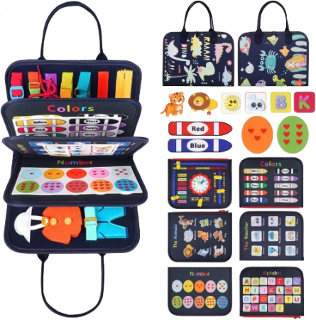 Activitati extracurriculare - Carte Montessori din fetru, senzoriala, cu activitati, 8 pagini cu activitati, animale, culori, litere, numere, starea vremii, siretuit, 28 x 22 cm, 3 ani+, EduJucarii