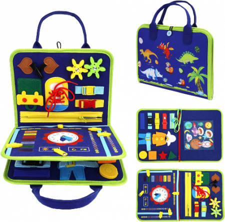 Jucarii si jocuri educative - Carte Montessori din fetru, senzoriala, cu activitati, 3 pagini, dinozauri, alfabetul, 28 x 22.5 cm