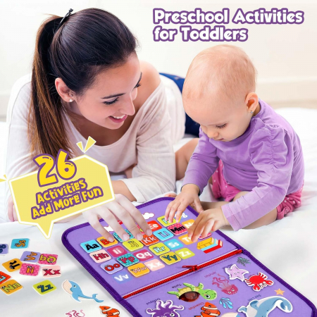 Carte Montessori din fetru, senzoriala, cu activitati, 8 pagini cu activitati, sirene, litere, cifre, vietati marine, 28.5 x 22.8 x 5.5 cm, EduJucarii [4]