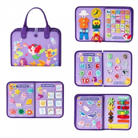 Activitati extracurriculare - Carte Montessori din fetru, senzoriala, cu activitati, 8 pagini cu activitati, sirene, litere, cifre, vietati marine, 28.5 x 22.8 x 5.5 cm, EduJucarii