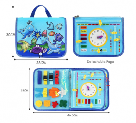 Carte Montessori din fetru, senzoriala, cu activitati, 6 pagini detasabile cu activitati, vietati marine detasabile, culori, litere, numere, operatii matematice, siretuit, 28 x 30 cm, 3 ani+, EduJucar [6]