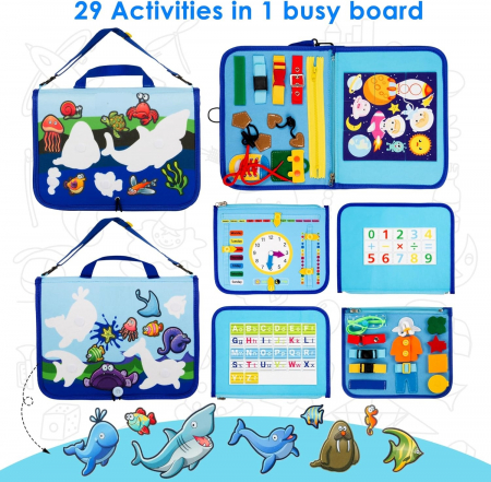 Carte Montessori din fetru, senzoriala, cu activitati, 6 pagini detasabile cu activitati, vietati marine detasabile, culori, litere, numere, operatii matematice, siretuit, 28 x 30 cm, 3 ani+, EduJucar [2]