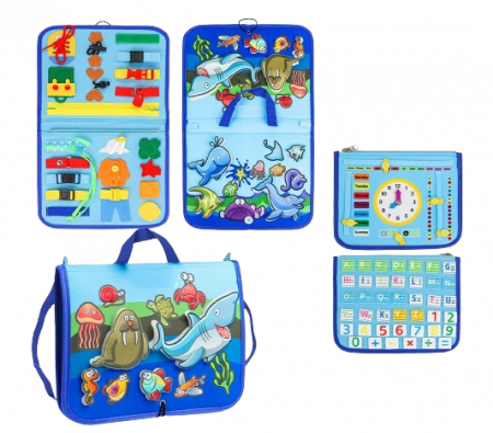 Activitati extracurriculare - Carte Montessori din fetru, senzoriala, cu activitati, 6 pagini detasabile cu activitati, vietati marine detasabile, culori, litere, numere, operatii matematice, siretuit, 28 x 30 cm, 3 ani+, EduJucar