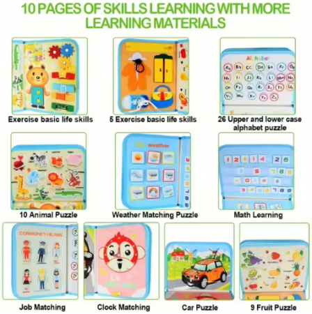 Carte Montessori din fetru, senzoriala, cu activitati, 10 pagini cu activitati, litere, cifre, fructe, animale, puzzle, siretuit, 28 x 20 cm, 3 ani+, EduJucarii [2]