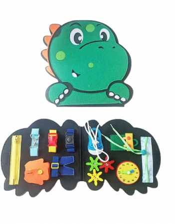Jucarii si jocuri educative - Carte Montessori din fetru, senzoriala, cu activitati, in forma de dinozaur, 27x29 cm