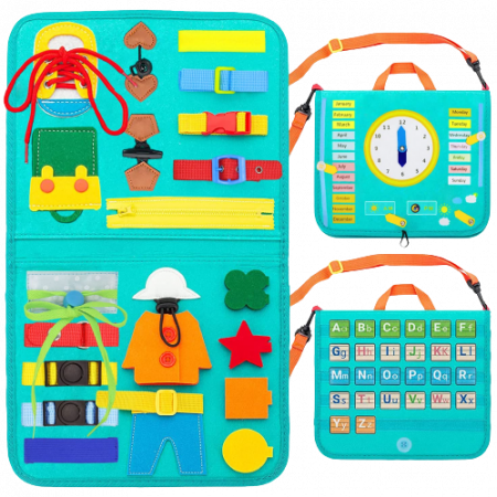 Jucarii si jocuri educative - Cartea Montessori din fetru, senzorială, cu activități, culoarea turcoaz, și dimensiunile de 23x28 cm