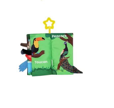 Carte senzoriala fosnitoare pentru bebelusi, cu animalute colorate colorate si inel din silicon pentru dentitie, Jungly Tails, 22 x 12.5 cm, Edujucarii [2]