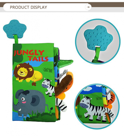 Carte senzoriala fosnitoare pentru bebelusi, cu animalute colorate colorate si inel din silicon pentru dentitie, Jungly Tails, 22 x 12.5 cm, Edujucarii [6]