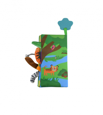 Carte senzoriala fosnitoare pentru bebelusi, cu animalute colorate colorate si inel din silicon pentru dentitie, Jungly Tails, 22 x 12.5 cm, Edujucarii [1]