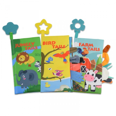 Set 3 carti senzoriale fosnitoare Montessori pentru bebelusi cu animalute, pasari colorate si inel din silicon pentru dentitie, Bird Tails, Farm Tails, Jungly Tails, Edujucarii [1]