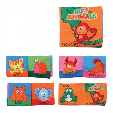 Jucarii interactive bebelusi - Carte senzoriala fosnitoare pentru bebelusi, cu animalute colorate, Cute animals, 4 pagini, 8 fete, 10 cm x 2,5 cm x 9 cm - EDUJUCARII