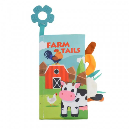 Carte senzoriala fosnitoare pentru bebelusi, cu animalute colorate colorate si inel din silicon pentru dentitie, Farm Tails, 22 x 12.5 cm, Edujucarii [0]