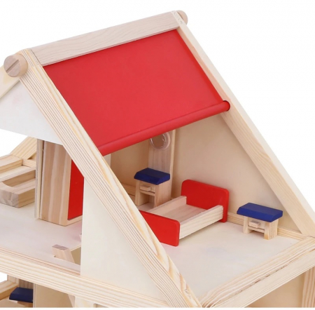 Casuta de papusi din lemn  cu 4 seturi de mobilier, 2 nivele, 20 de piese de mobilier in miniatura, 3 ani + [3]